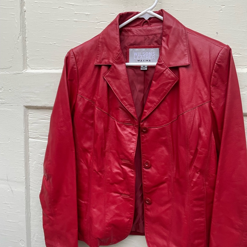 Wilson’s red leather jacket. Holidays, Valentine’s Day, great with red heels